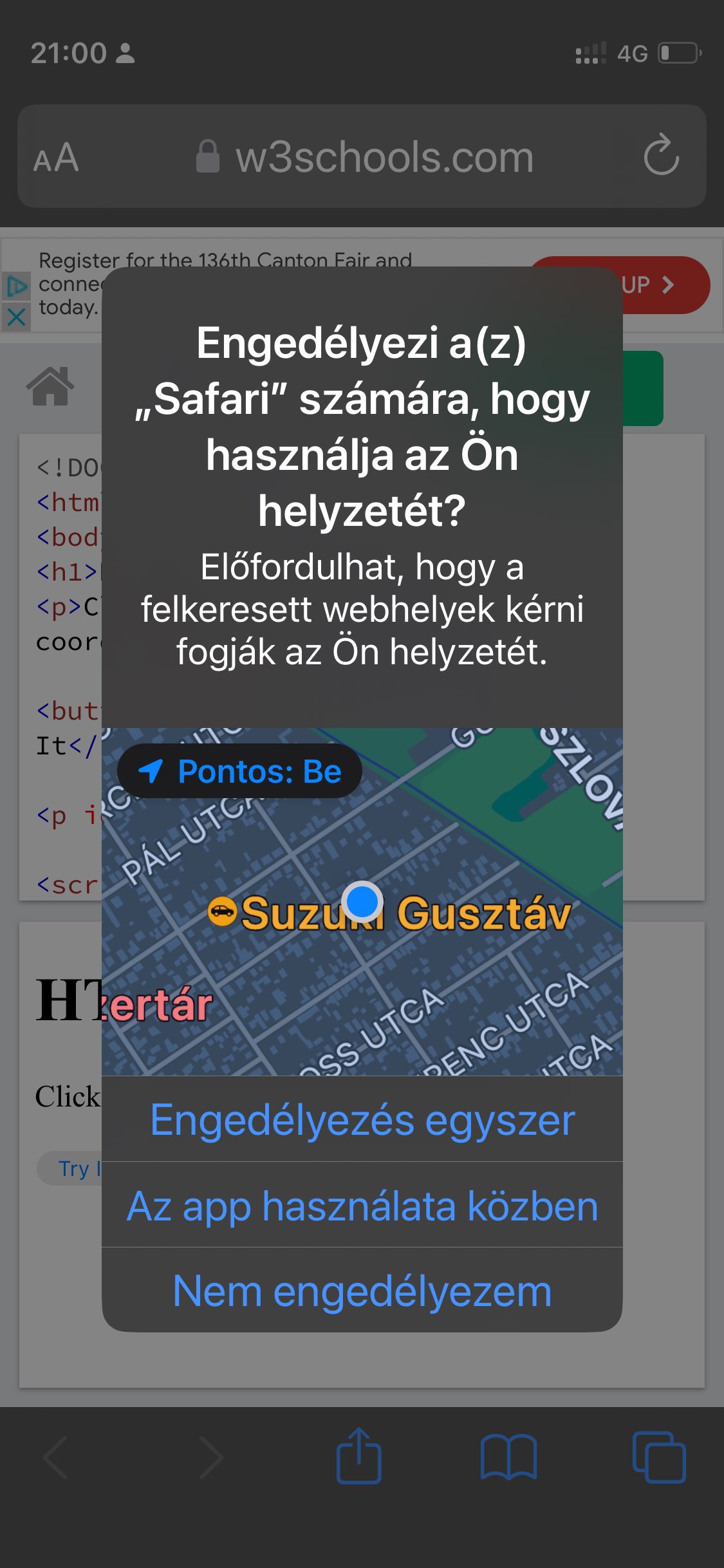 Böngésző helyadat-kérés párbeszédablak